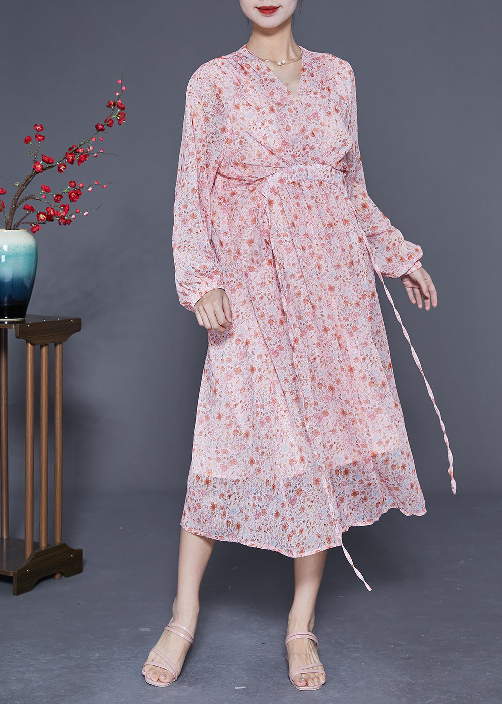 Pink V Neck Cinched Print Chiffon Beach Dress Summer