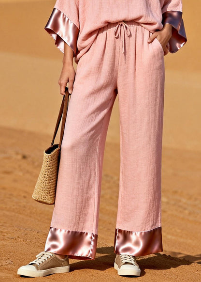 Pink V Neck Patchwork Cotton Two Pieces Set Spring