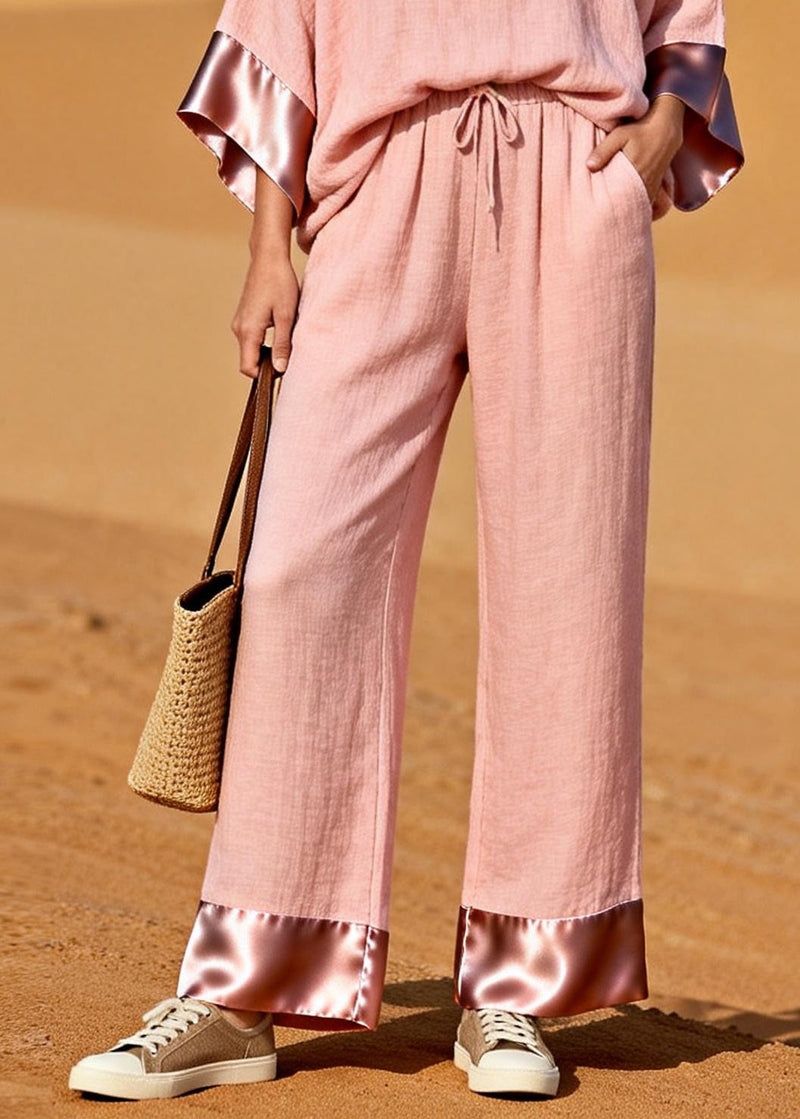 Pink V Neck Patchwork Cotton Two Pieces Set Spring