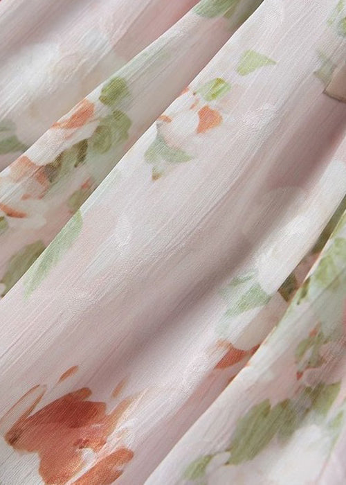 Pink V Neck Print Chiffon Long Dresses Sleeveless