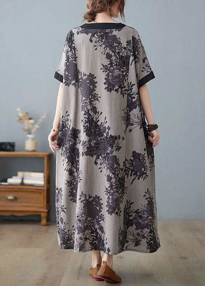 Pink V Neck Print Cotton Linen a Line Dress Short Sleeve