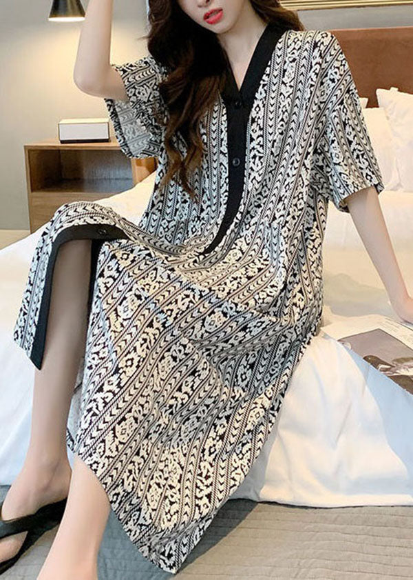 Plaid V Neck Patchwork Cotton Pajamas Dress Summer