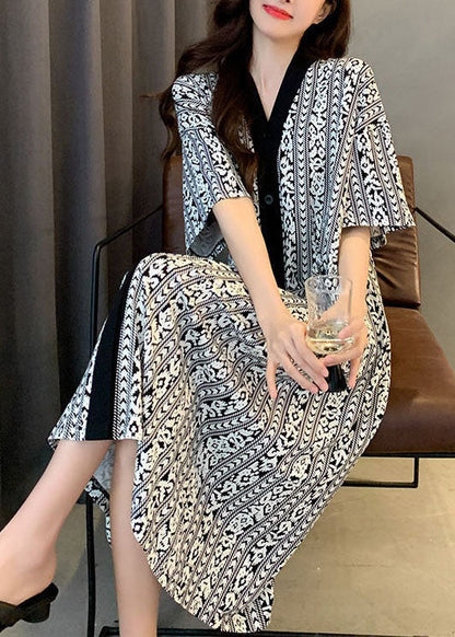 Plaid V Neck Patchwork Cotton Pajamas Dress Summer