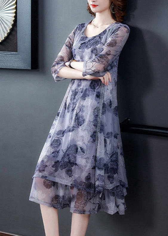 Print Layered Silk Maxi Dresses Bracelet Sleeve