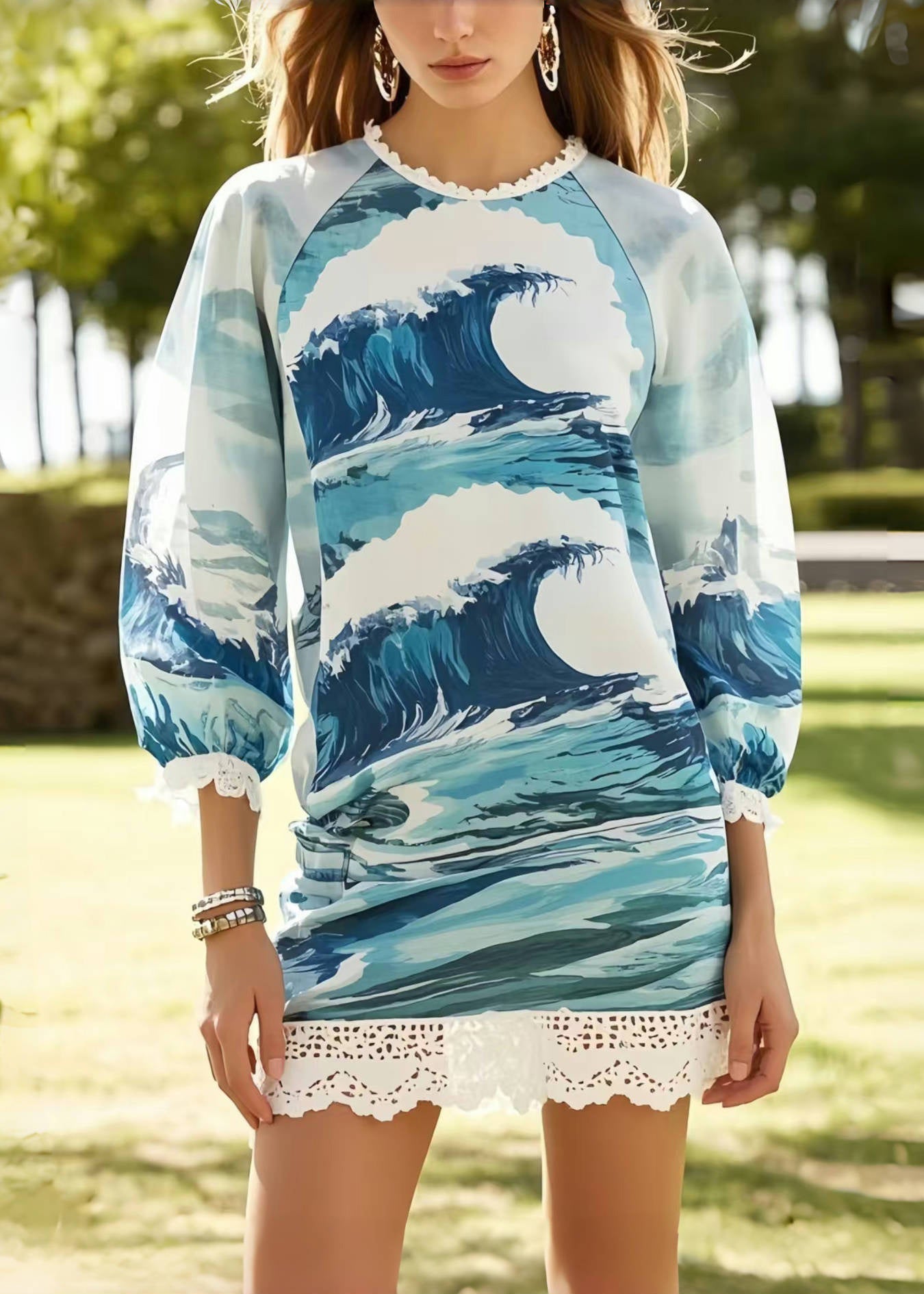 Print Patchwork Lace Chiffon Vacation Dress Summer