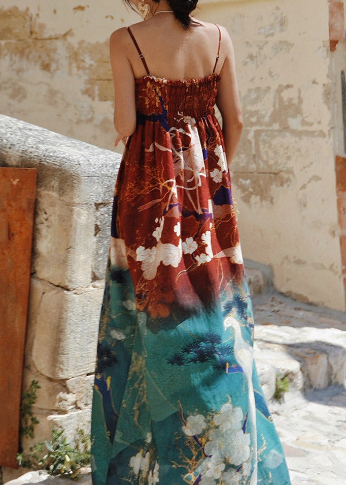 Print Wrinkled Long Spaghetti Strap Dress Sleeveless