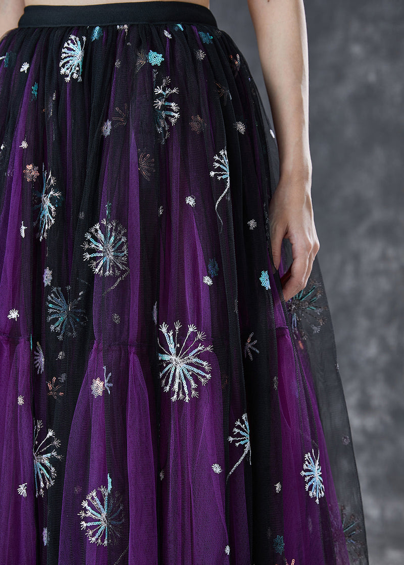 Purple Dandelion Embroideried Wear on Both Sides Tulle Skirt Summer