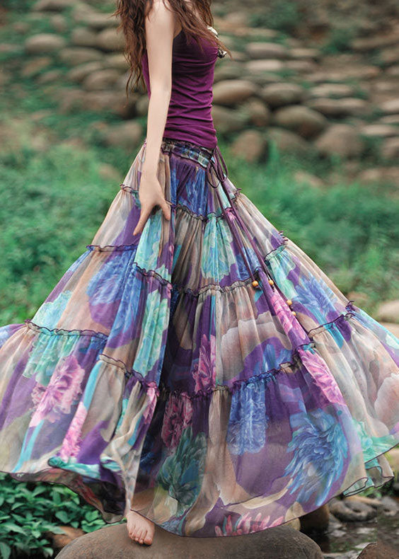 Purple Drawstring Wrinkled Patchwork Print Chiffon Skirt Summer
