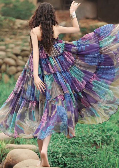 Purple Drawstring Wrinkled Patchwork Print Chiffon Skirt Summer