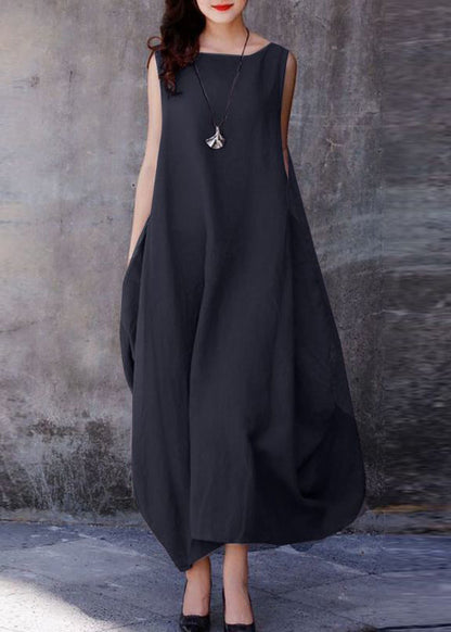 Black Spliced Polka Dots O-neck Exra Large Hem Cotton Dresses Sleeveless