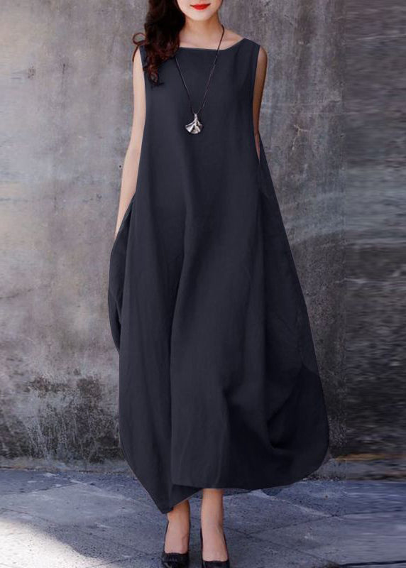 Black Polka Dots O-neck Exra Large Hem Cotton Dresses Sleeveless