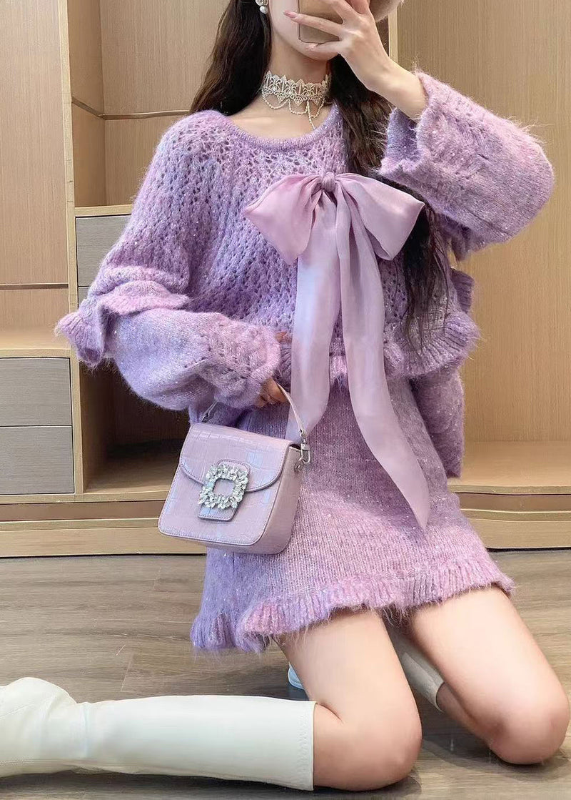 Purple Ruffled Bow Knit Two Pieces Set Spring