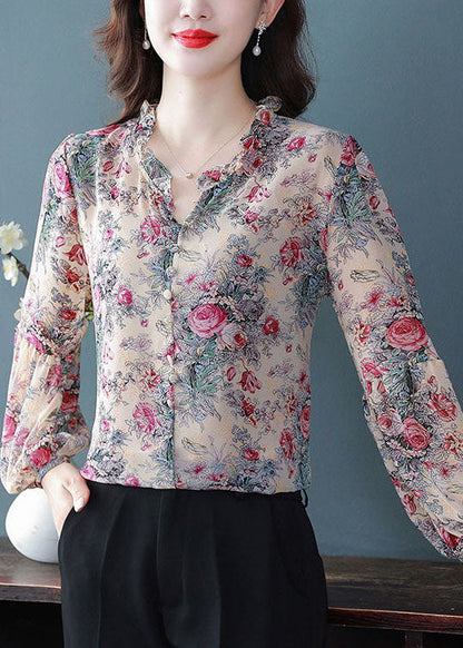 Purple Ruffled Print Chiffon Shirts Spring