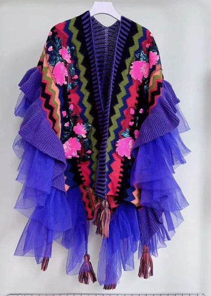 Purple V Neck Tulle Patchwork Embroidered Knit Cape Long Sleeve