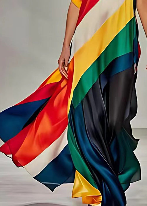 Rainbow Striped Cold Shoulder Silk Maxi Dress Sleeveless