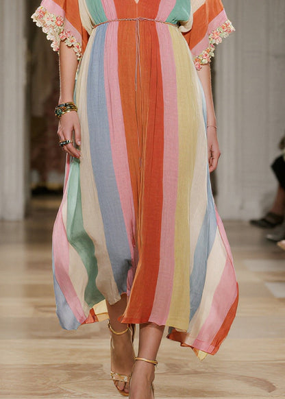 Rainbow V Neck Striped Cotton Maxi Dresses Summer