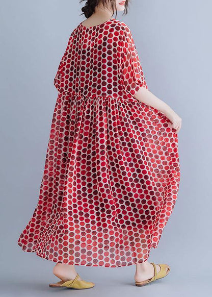Red Dotted O Neck Cinched Long Summer Dresses