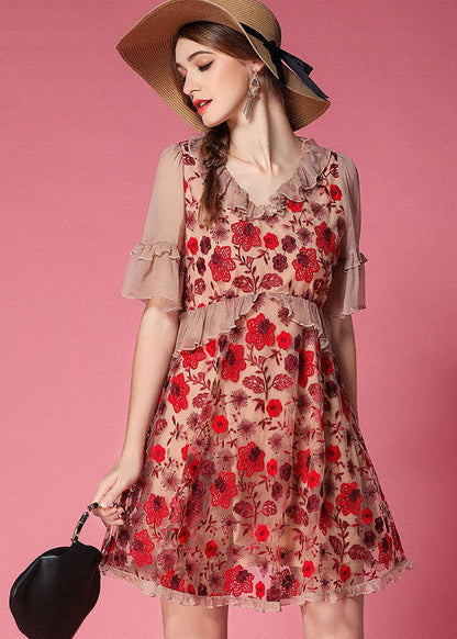 Red Embroideried Patchwork Tulle Vacation Dress Short Sleeve