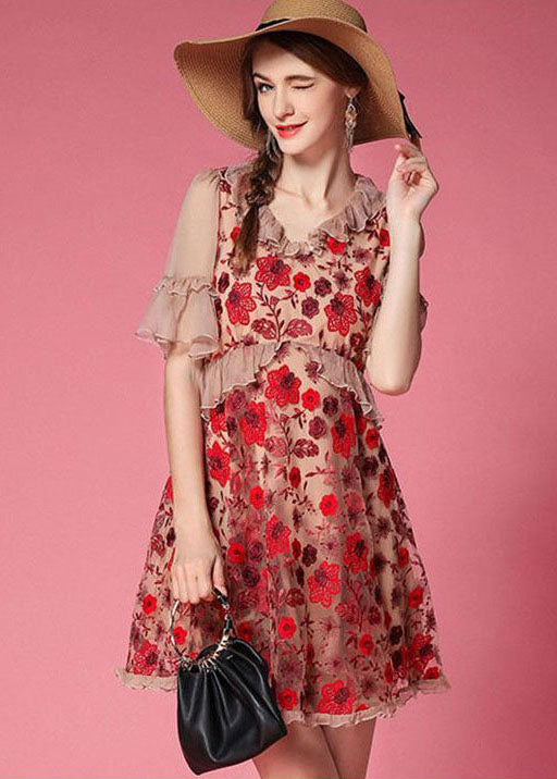 Red Embroideried Patchwork Tulle Vacation Dress Short Sleeve