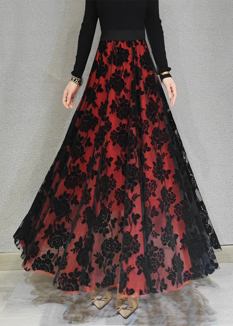 Red High Waist Tulle a Line Skirt Spring