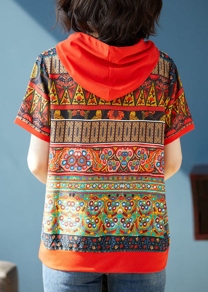 Red Hooded Print Patchwork Chiffon T Shirts Tops Summer