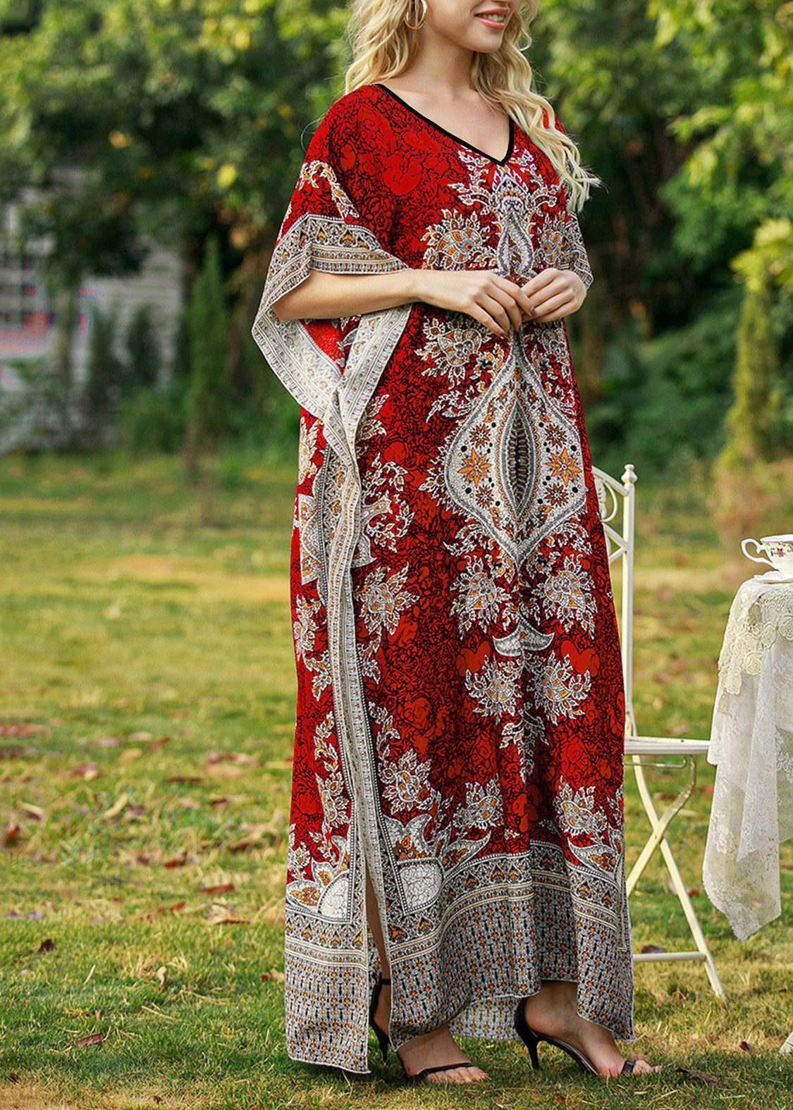 Red Maxi Dress V Neck Print Summer