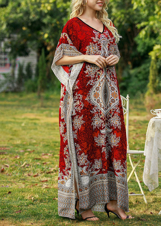 Red Maxi Dress V Neck Print Summer