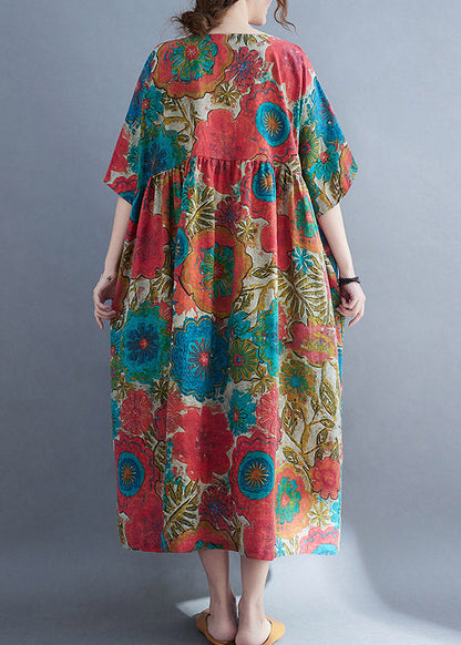 Red O-neck Cinched Print Linen Long Dress Short Sleeve