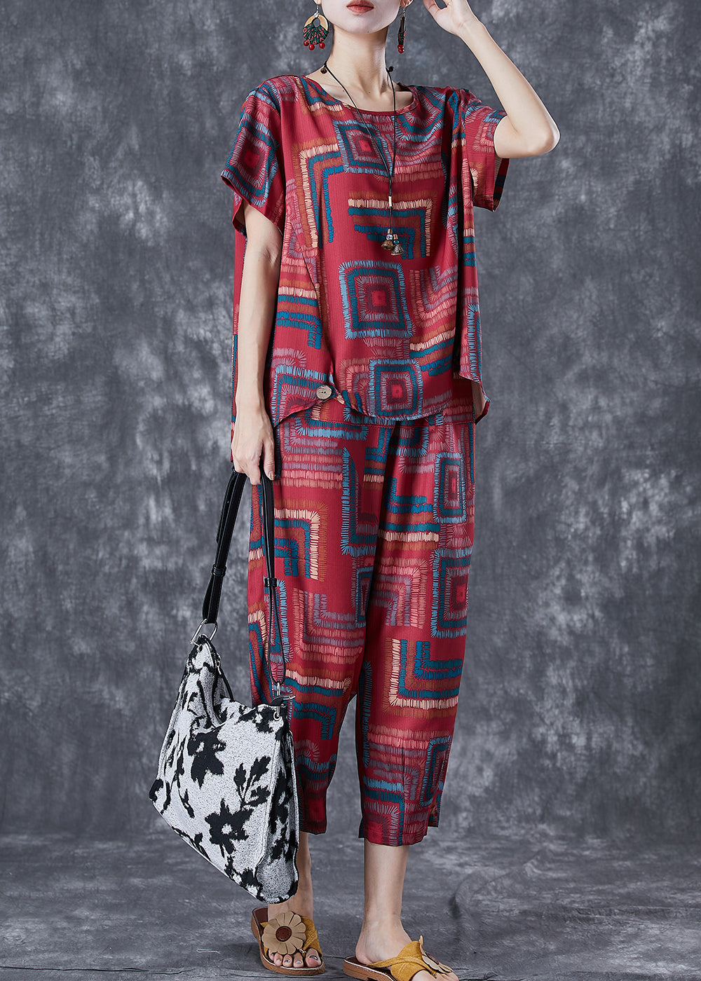 Red O-neck Print Linen Silk Two Piece Set Summer