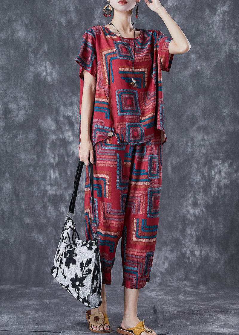 Red O-neck Print Linen Silk Two Piece Set Summer