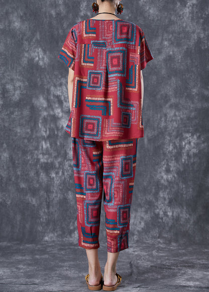 Red O-neck Print Linen Silk Two Piece Set Summer