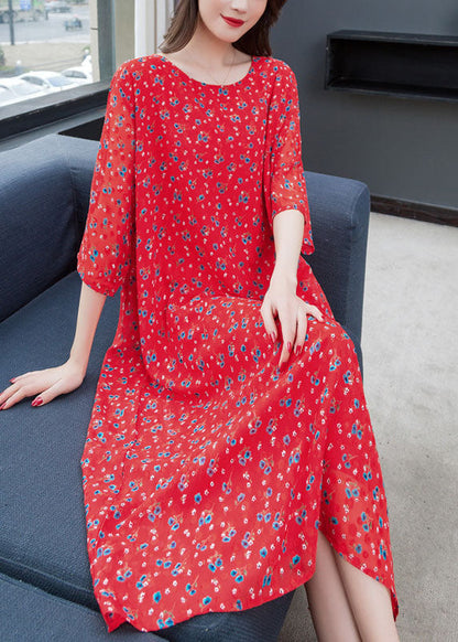 Red O Neck Print Patchwork Chiffon Dress Summer