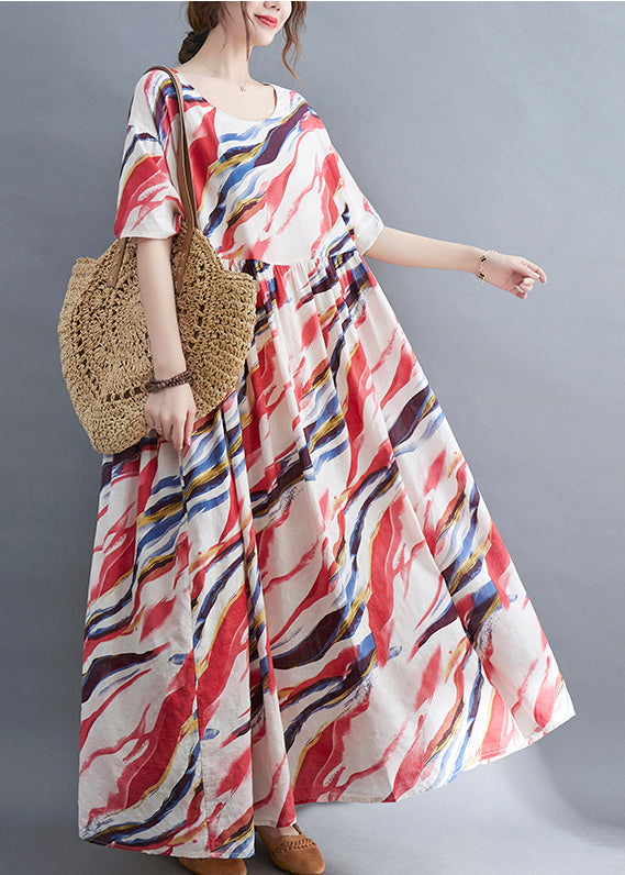 Red O-neck Print Wrinkled Long Dress Short Sleeve