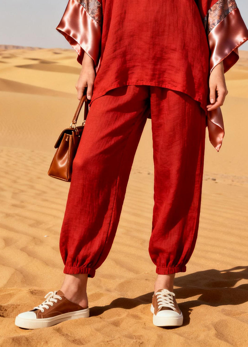 Red Oversized Patchwork Linen Silk Two Piece Suit Set Spring