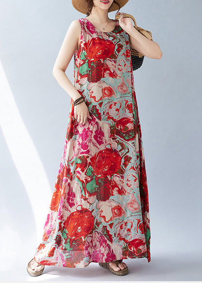 Red Oversized Print Cotton Holiday Dress Sleeveless