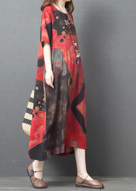Red Oversized Print Linen Dress Summer