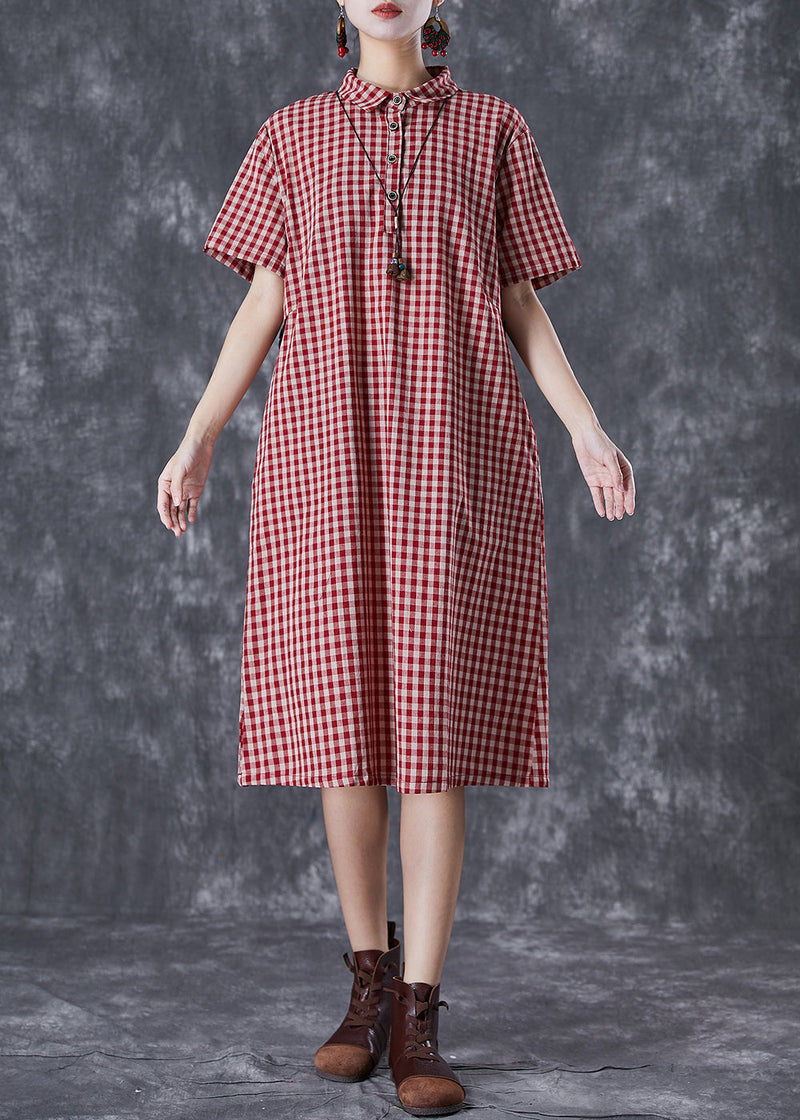 Red Peter Pan Collar Plaid Linen Maxi Dress Summer