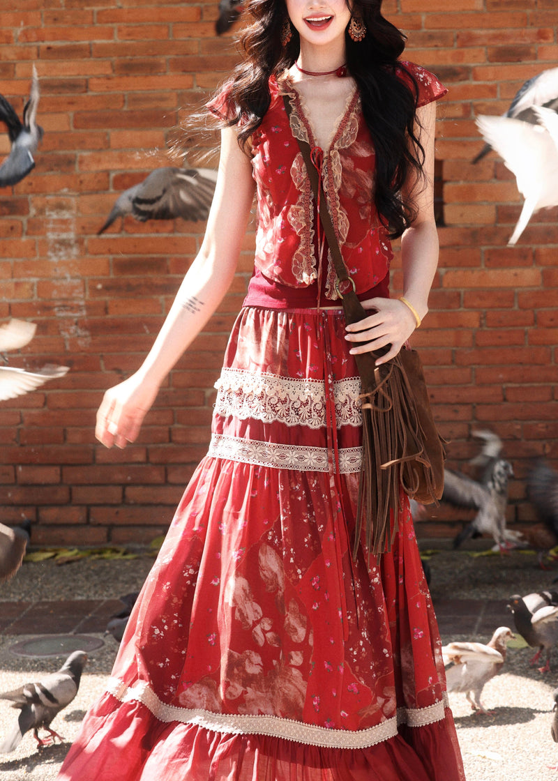 Red Print Lace Patchwork Silk Two Pieces Set Summer