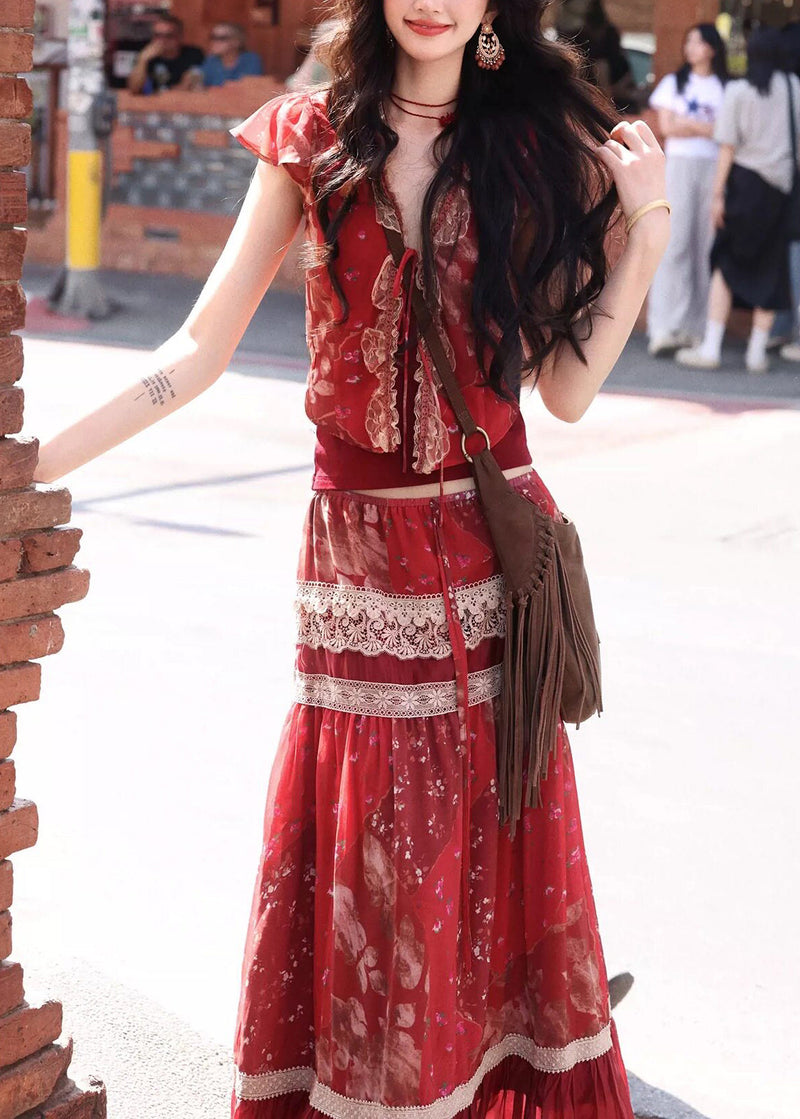 Red Print Lace Patchwork Silk Two Pieces Set Summer
