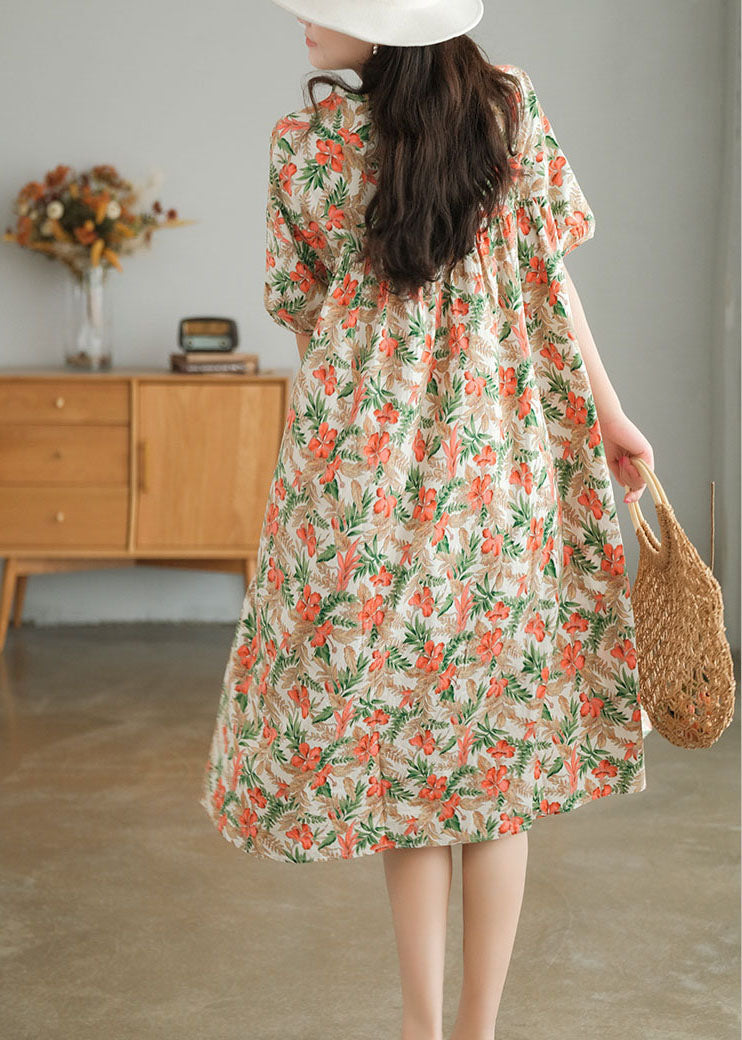 Red Print O-neck Cotton Beach Dresses Short Sleeve