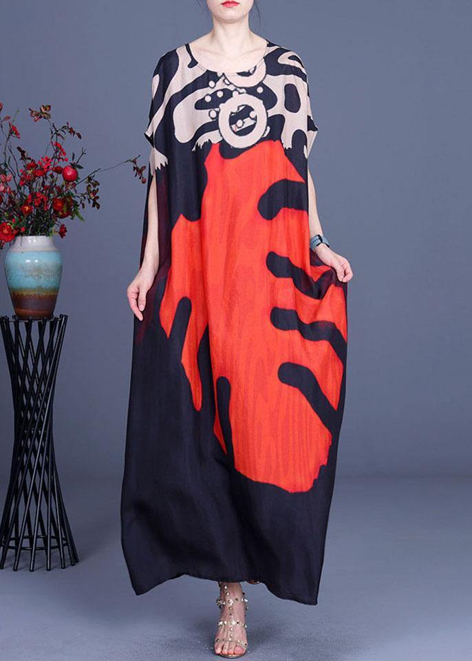 Red Print O-neck Silk Summer Maxi Dresses