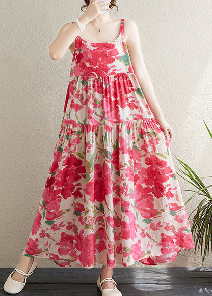 Red Print Patchwork Cotton Spaghetti Strap Dress Sleeveless