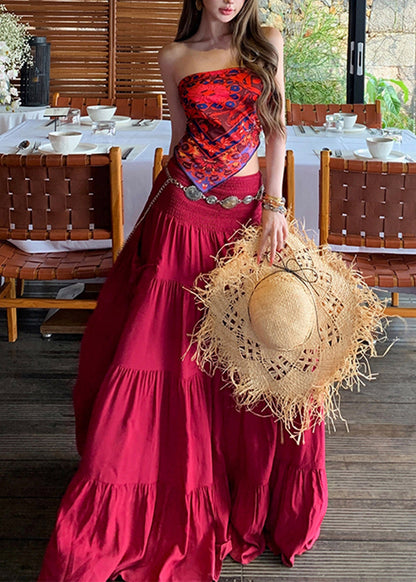 Red Print Vest and Maxi Skirts Two Pieces Set Summer