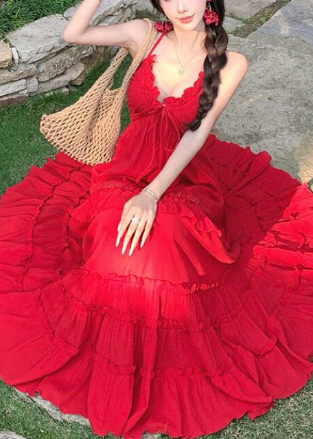 Red Ruffled Exra Large Hem Cotton Beach Dress Summer