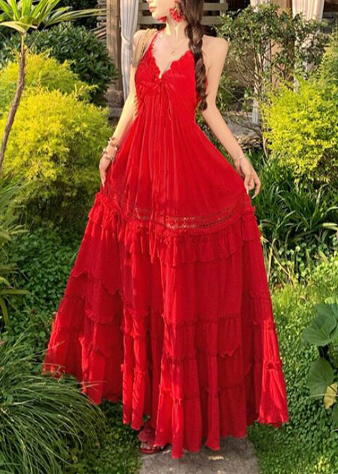 Red Ruffled Exra Large Hem Cotton Beach Dress Summer