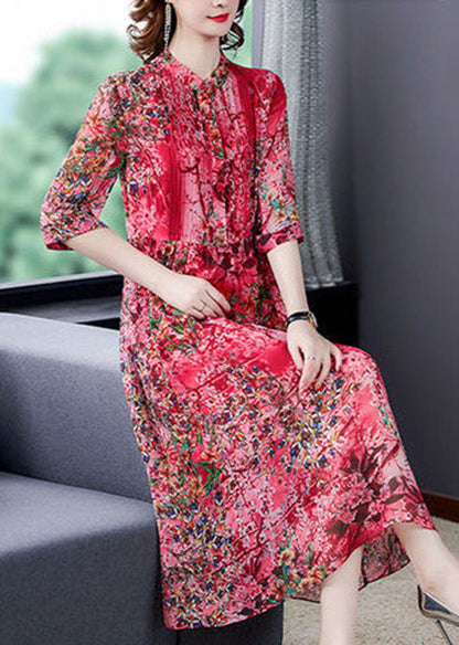 Red Stand Collar Print Wrinkled Chiffon Vacation Dresses Half Sleeve