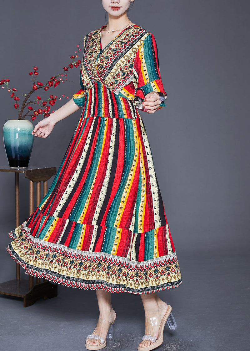 Red Striped Cotton Vacation Dresses Flare Sleeve