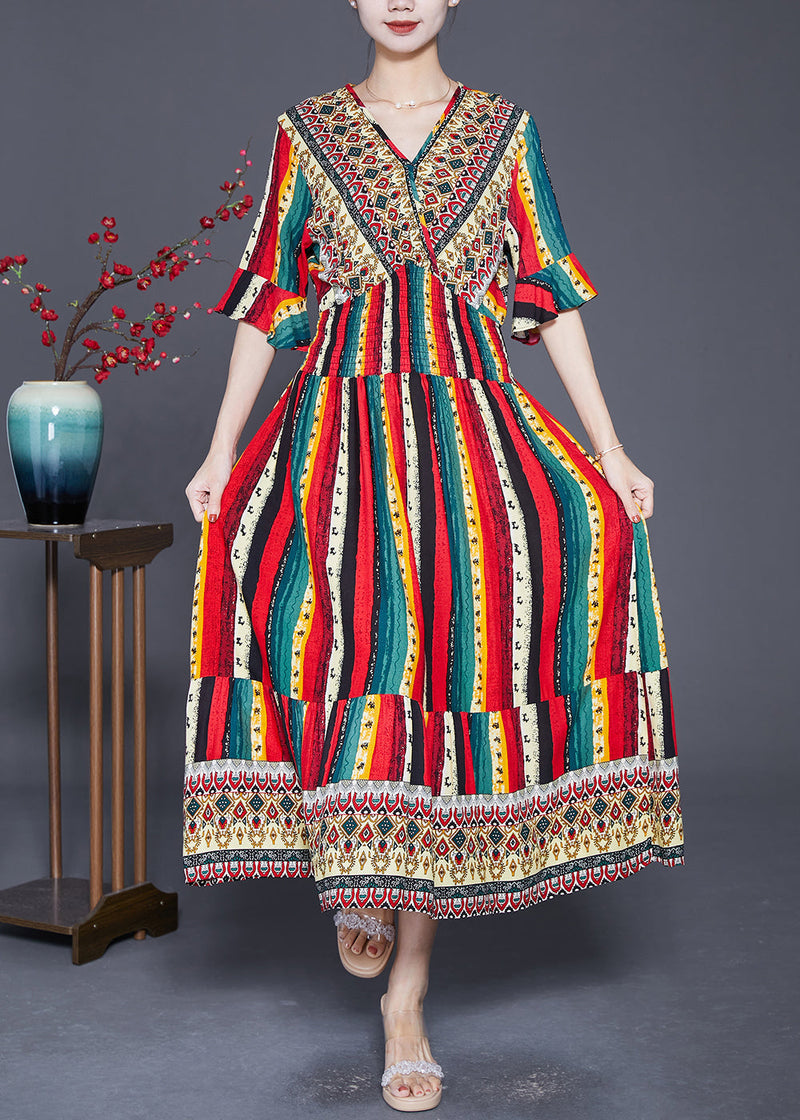 Red Striped Cotton Vacation Dresses Flare Sleeve