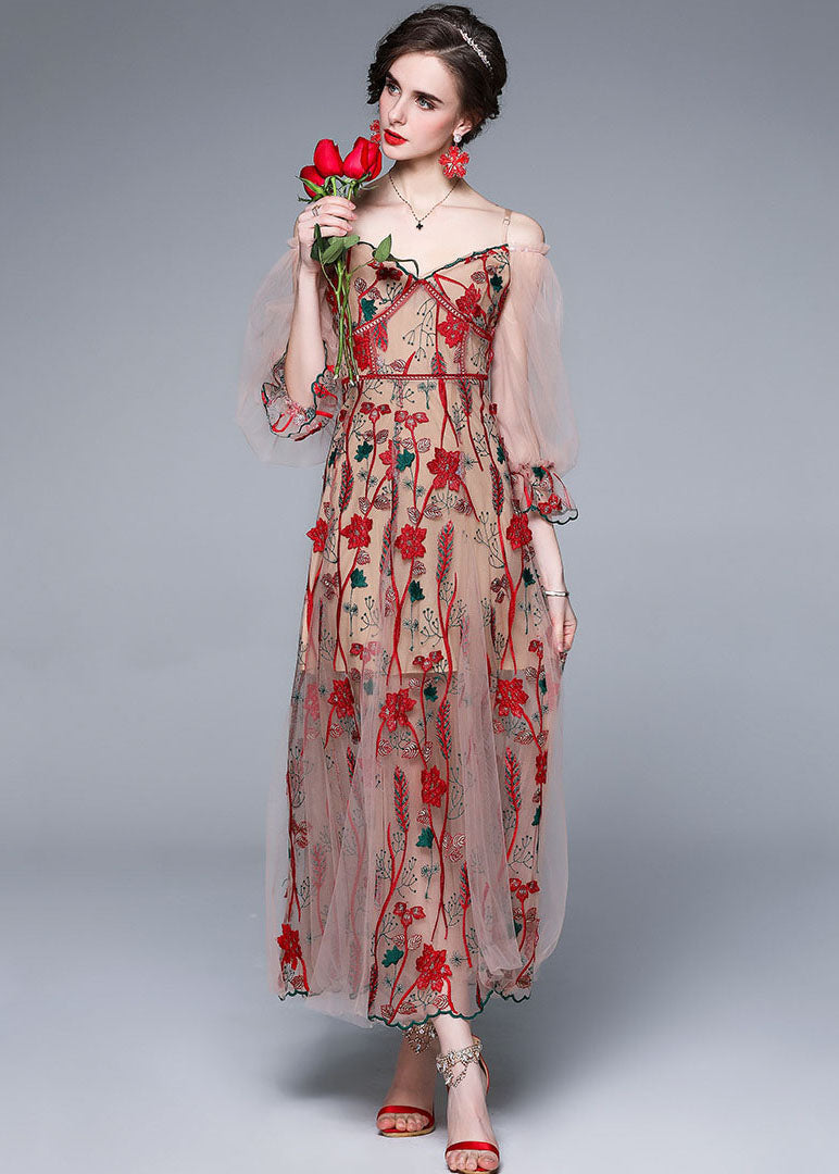 Red V Neck Embroideried Patchwork Tulle Dress Lantern Sleeve