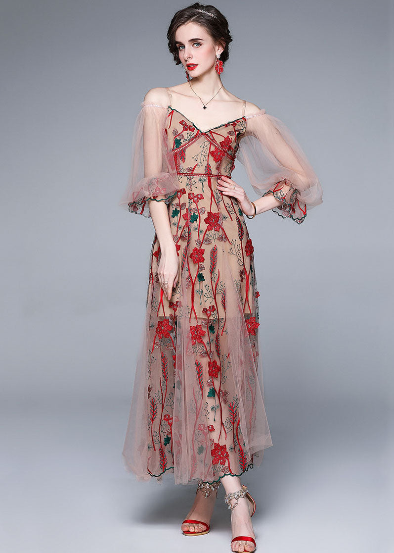 Red V Neck Embroideried Patchwork Tulle Dress Lantern Sleeve